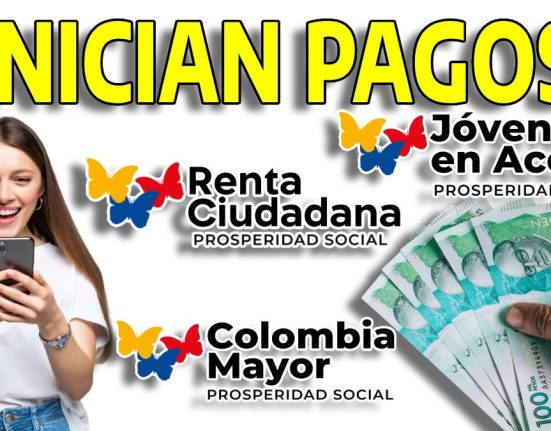 Bono de 500 mil pesos colombianos-MP Noticias, mujer mirando celular, titulo inician pagos , logos de renta ciudadana, Colombia mayor y Jovenes en accion, mano mostrando billetes de 100 mil pesos colombianos