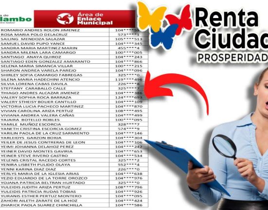 Consulta con CC, Listados de Suspendidos 5 Pago 2023-MP Noticias, listados de alcaldias de hogares suspendidos de renta ciudadana, mujer mirando tabla con una lupa ,logo de renta ciudadana, y flecha roja