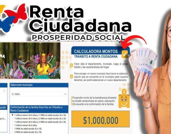 Consulta el Monto que Recibirás de Renta Ciudadana-MP Noticias, logo de renta ciudadana, mujer con billetes en la mano, imagen de calculadora de montos del prosperidad social, flecha roja señalando la imagen
