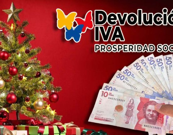 Devolución del IVA-Pago de Diciembre 2023-MP Noticias, imagen con árbol de navidad, logo de devolución IVA, billetes colombianos de varias nominaciones