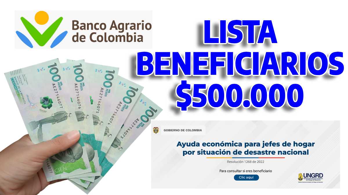 Lista hogares priorizados, logo banco agrario, billetes de 100 peso colombiano