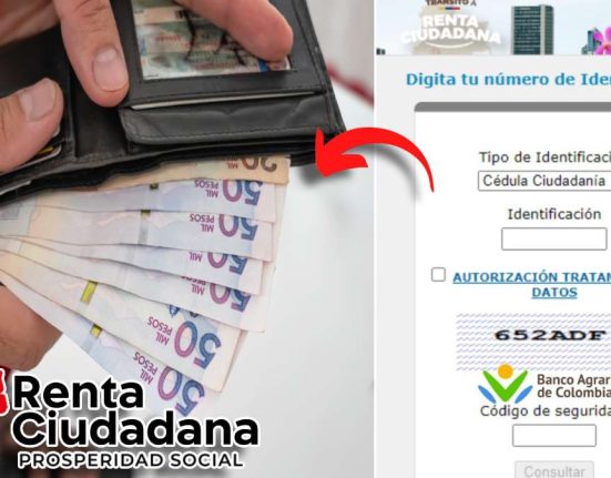 Link Actualizado del Quinto Pago-MP Noticias, link del banco agrario, mano con una billetera con pesos colombianos, flecha roja ,logo de renta ciudadana