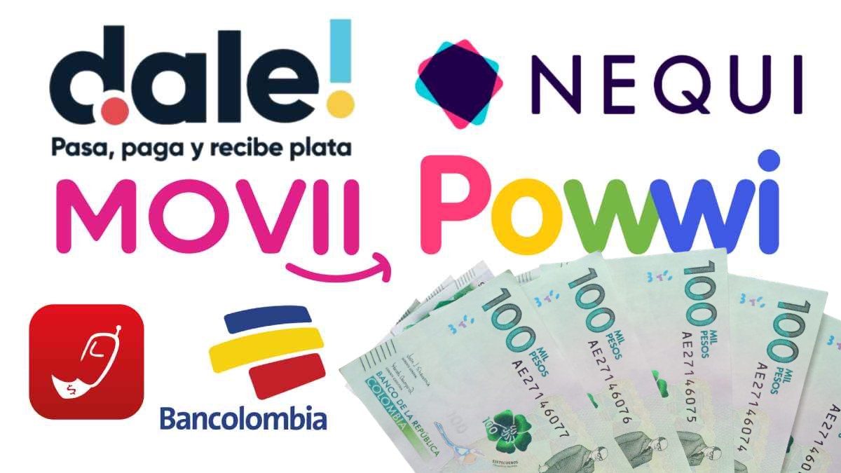 Texto de billeteras digitales dale, nequi,powii,MOVii, y billetes denominación de 100 moneda colombiana