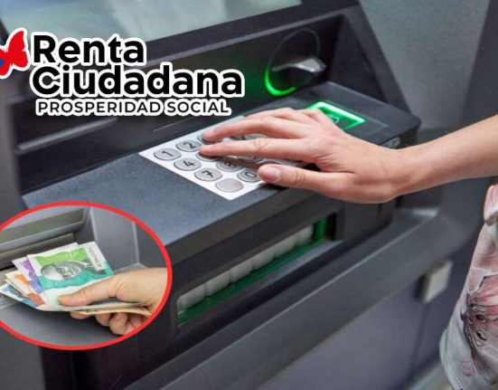 Bono de 500.000 pesos colombianos-MP Noticias, persona digitando en un cajero automático, logo de renta ciudadana, circulo con billetes colombianos varias denominaciones