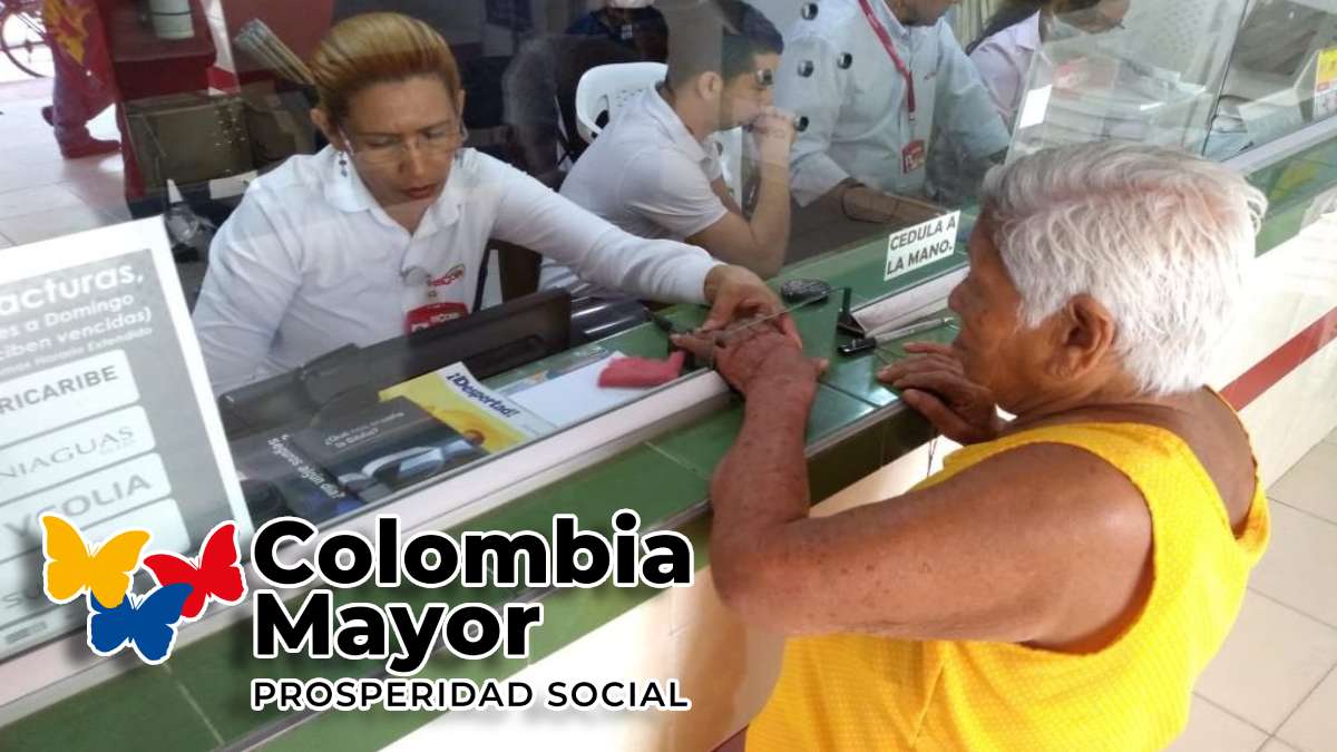 Centros de Pago por Municipio-MP Noticias, grupo de personas trabando, mujer adulta mayor consultando pago, logo de Colombia mayor