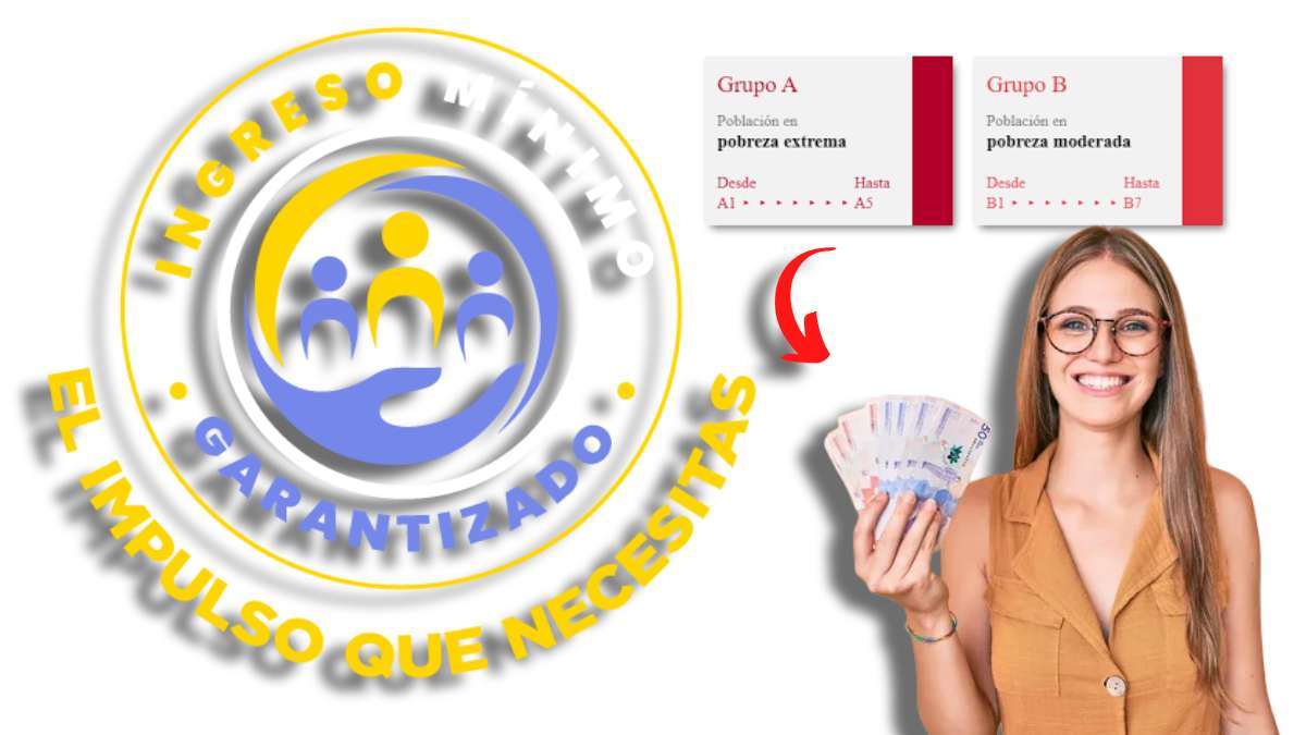 Cómo Recibir Dinero-MP Noticias, logo IMG, imagen con grupos Sisbén, mujer alegre con dinero colombiano en la mano, flecha roja apuntando a los billetes