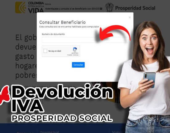 Consulta Rápida-MP Noticias, link de consulta devolución del IVA, mujer alegre con celular en la mano señalando, logo devolución del IVA, flecha roja apuntando hacia el link de consulta