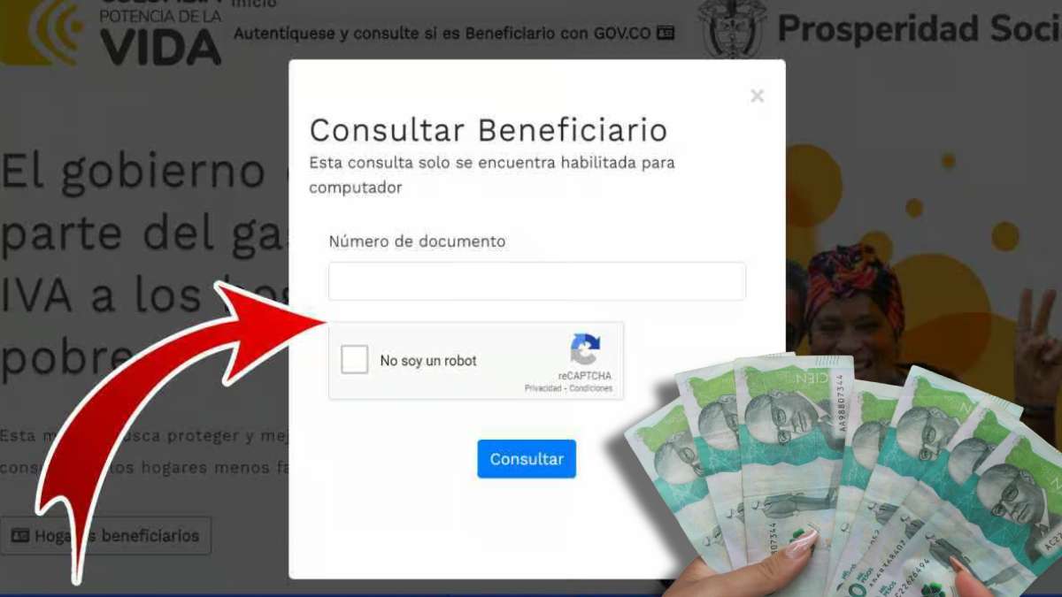 Consulta si Eres Beneficiario-MP Noticias, link de Devolución del IVA, billetes de 100 mil pesos colombianos, flecha roja apuntando hacia el link