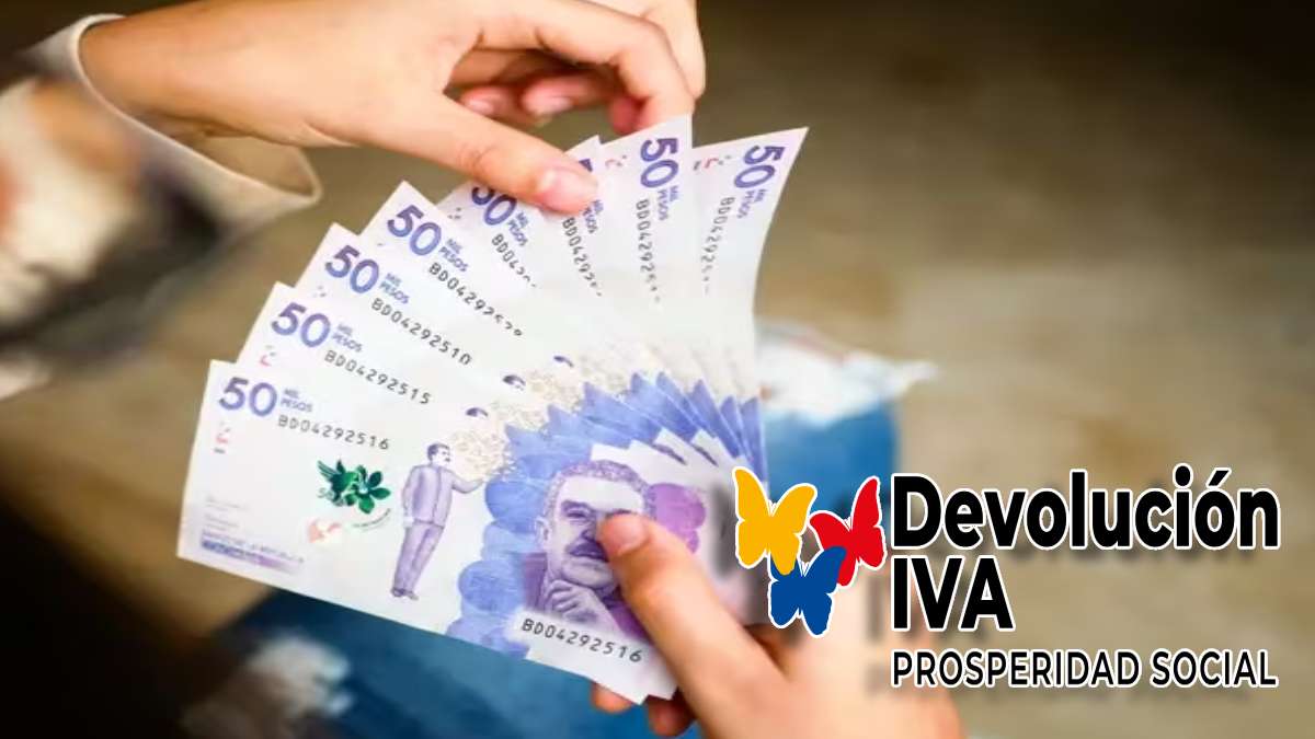 Detalles de Montos-MP Noticias, imagen de unas manos con billetes de 50 mil pesos colombianos, logo de devolución del IVA