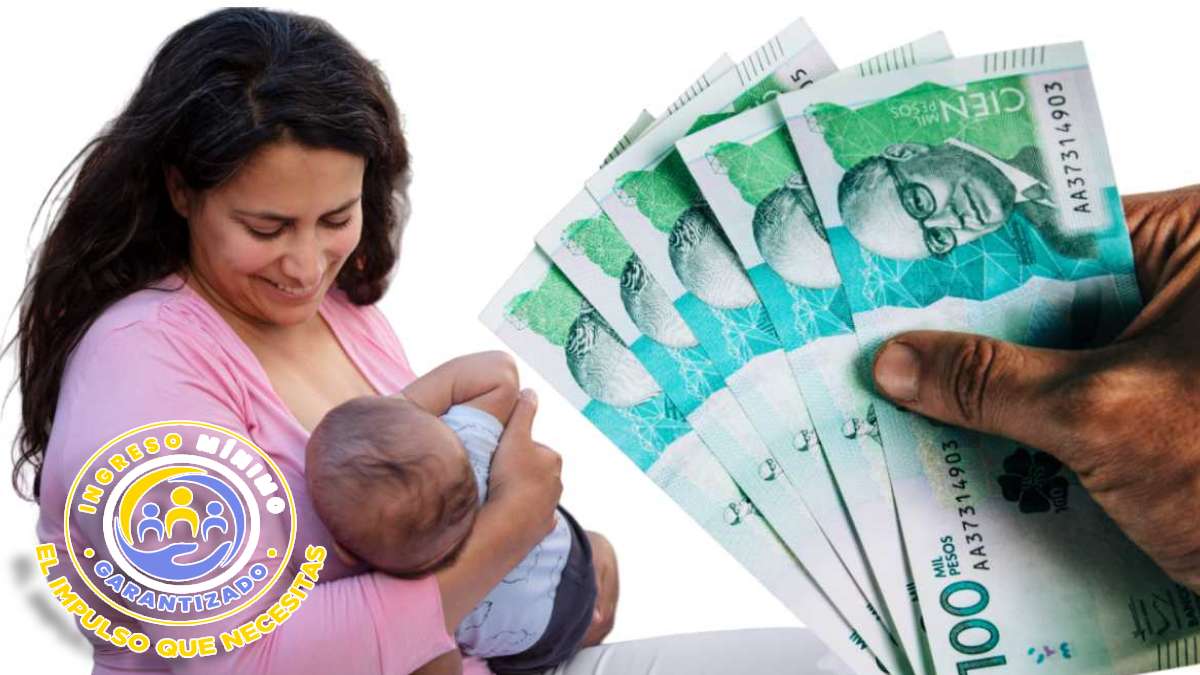 Familias del Grupo A del Sisbén-MP Noticias, mujer amamantando bebe y billetes colombianos, logo del ingreso mínimo garantizado