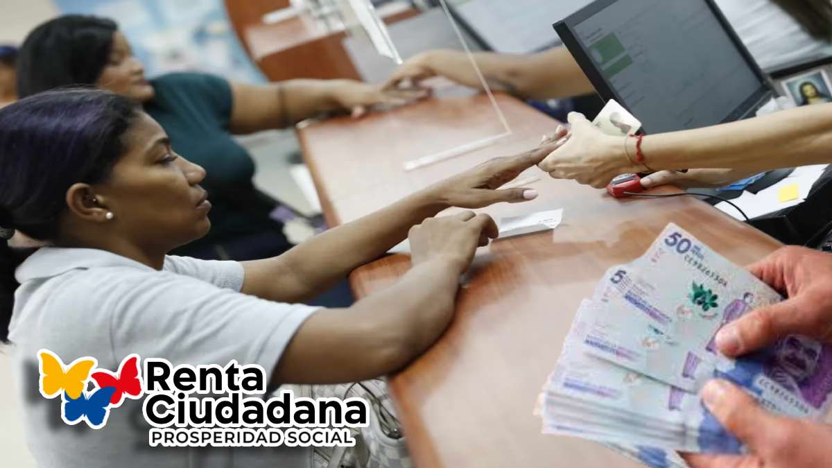 Focalización a Hogares del Sisbén IV-MP Noticias, mujer consultando huella dactilar en banco, logo de renta ciudadana, dinero de 50 mil pesos colombianos
