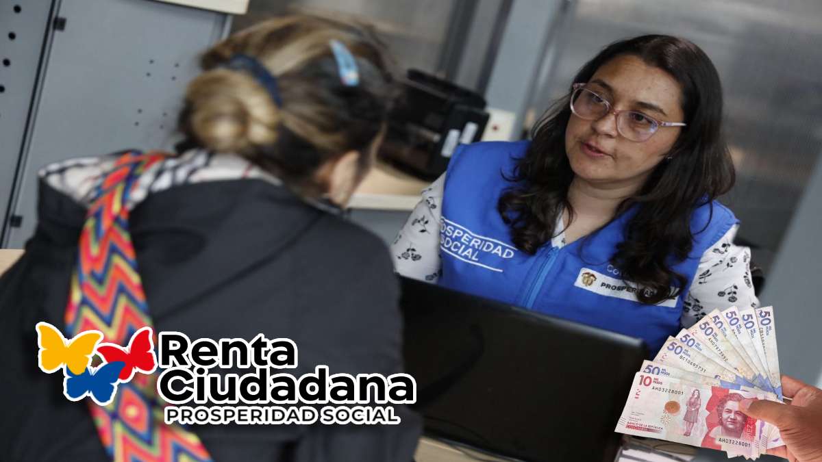 Focalización de Beneficiarios-MP Noticias, mujer con chaleco azul consultando en computador y una mujer de espalda, logo de renta ciudadana, dinero con billetes colombianos de varias denominaciones
