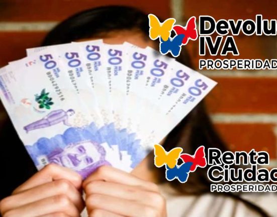 Focalización y Beneficios-MP Noticias, mujer con billetes de 50 mil pesos colombinos en las manos, logo de renta ciudadana, logo de devolución del IVA