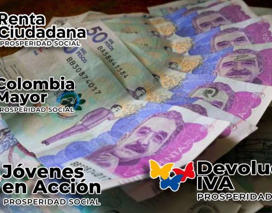 Inicio de Pagos-MP Noticias, imagen con billetes de 50 mil pesos colombianos, logos de renta ciudadana, devolución IVA, Jovenes en Accion, Colombia mayor