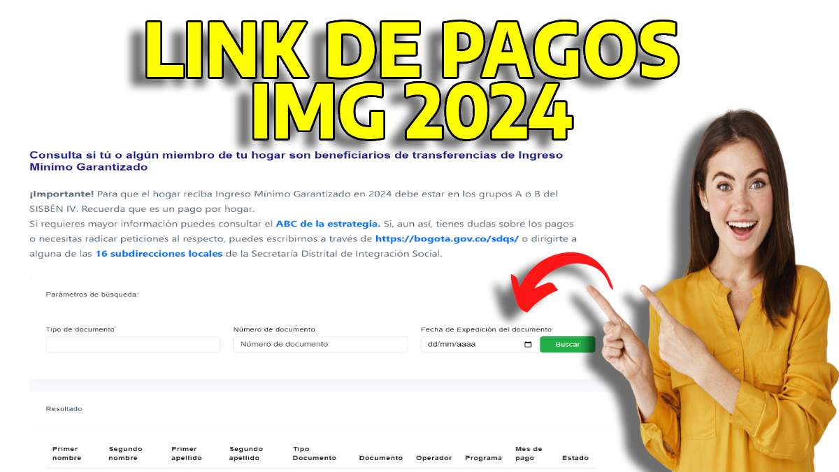 Pagos Pendientes-MP Noticias, link de consulta del IMG, imagen de mujer vestida de amarillo alegre señalando el link, flecha roja