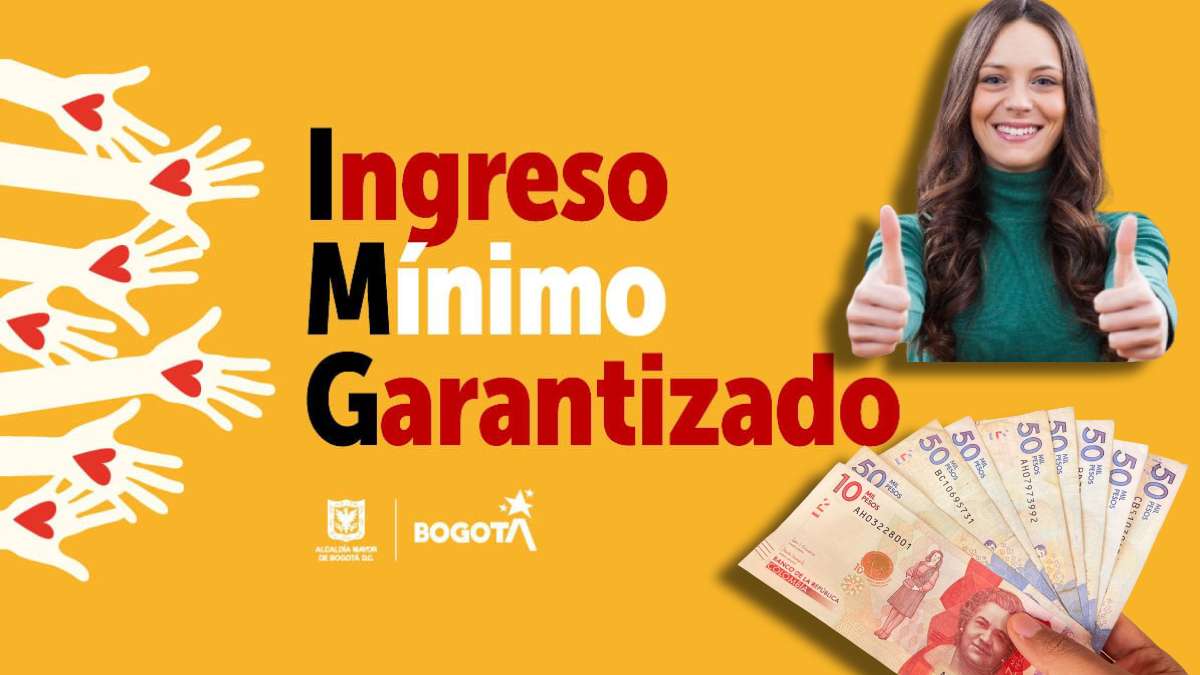 Pagos de Enero-MP Noticias, imagen logo del ingreso minimo garantizado, mujer alegre con señales de ok, y billetes colombianos de varias denominaciones