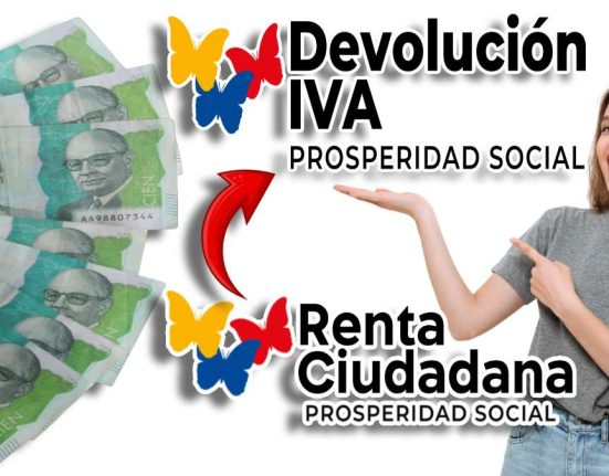 Quienes Reciben Devolución del IVA-MP Noticias ,logo de renta ciudadana, logo de devolución del IVA, mujer alegre señalando , flecha roja señalando, billetes de 100 mil pesos colombianos