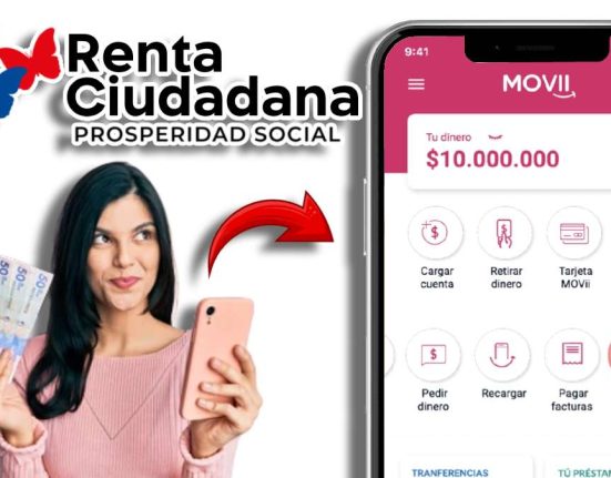 Quinto Ciclo de Pagos a través de Movii-MP Noticias, logo de renta ciudadana, mujer con celular y dinero en la mano, celular con la aplicación de MOVii, flecha roja apuntando hacia el celular