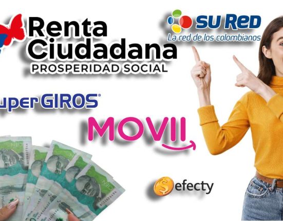 Utiliza tu Cédula en Movii y SuperGIROS-MP Noticias, logo de renta ciudadana, mujer alegre señalando, logo de SuperGIROS, SuRED, Movii, logo de Efecty, manos con billetes colombianos verdes.