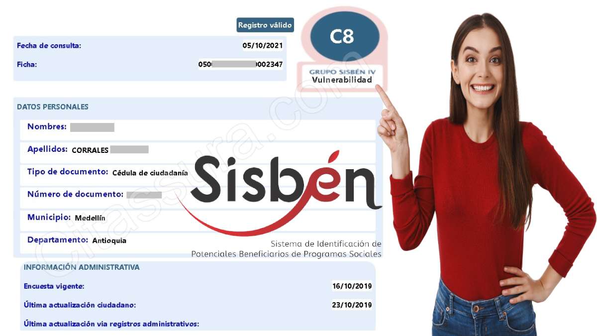 Actualización del Sisbén IV-MP Noticias, imagen de ficha del Sisbén, logo de Sisbén, chica alegre señalando hacia la imagen del grupo del Sisbén