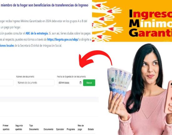 Consulta Pago Febrero-MP Noticias, imagen del link de consulta IMG, Mujer con celular y billetes de 50 mil pesos colombianos, logo del IMG, Flecha roja apuntando hacia el link