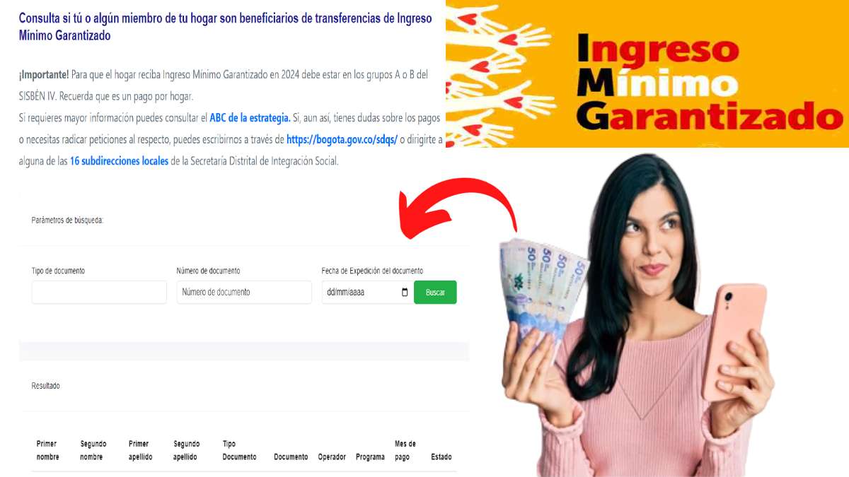 Consulta Pago Febrero-MP Noticias, imagen del link de consulta IMG, Mujer con celular y billetes de 50 mil pesos colombianos, logo del IMG, Flecha roja apuntando hacia el link