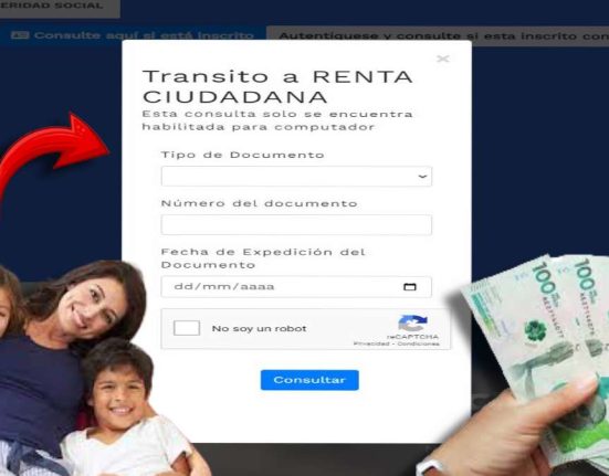 Consulta con Cédula Pago-MP Noticias, imagen de consulta de renta ciudadana, logo de renta ciudadana, billetes de 100 mil pesos colombianos, mujer con dos niños abrazados, flecha roja señalando la consulta