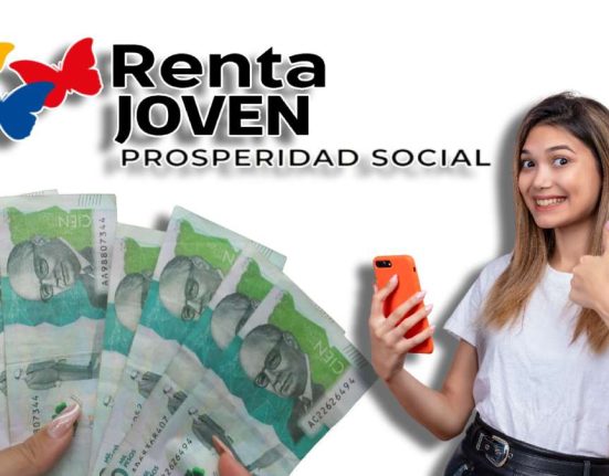 Focalización Beneficiarios-MP Noticias, imagen de una joven alegre consultando por celular, logo de Renta Joven, Imagen de billetes de 100 mil pesos colombianos