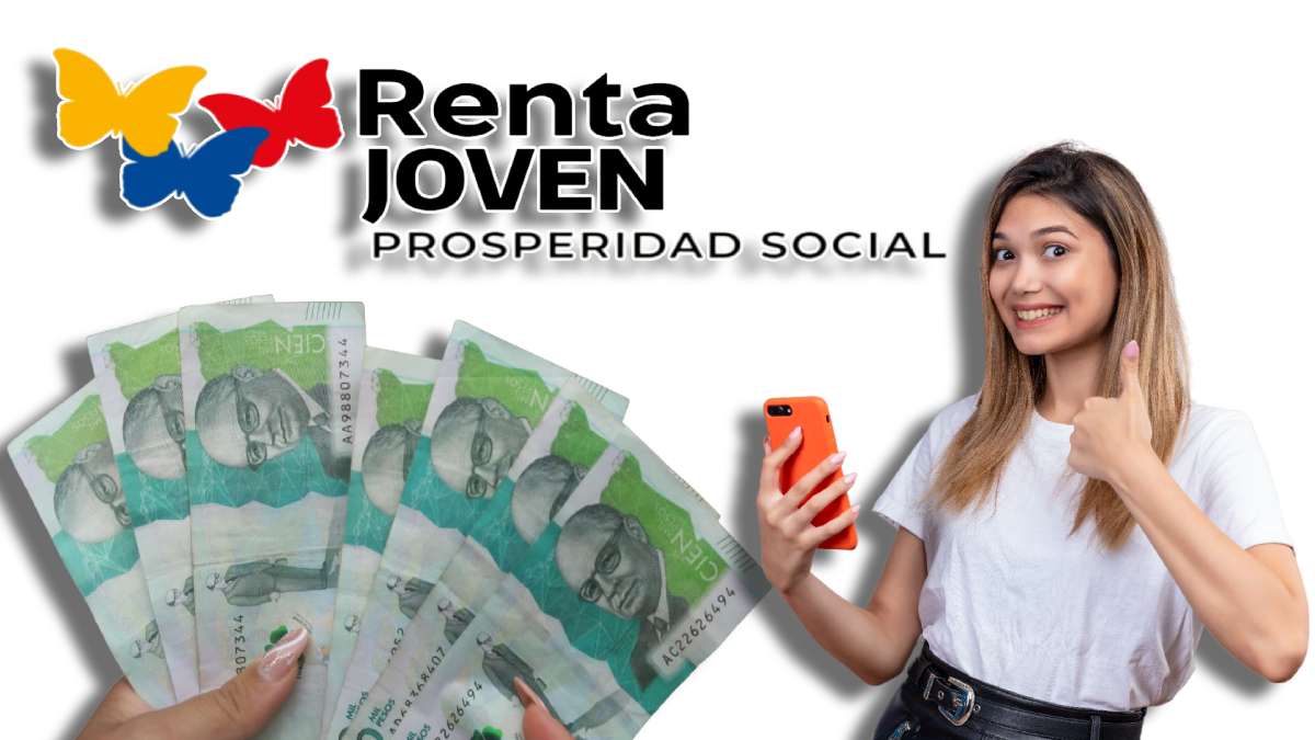 Focalización Beneficiarios-MP Noticias, imagen de una joven alegre consultando por celular, logo de Renta Joven, Imagen de billetes de 100 mil pesos colombianos