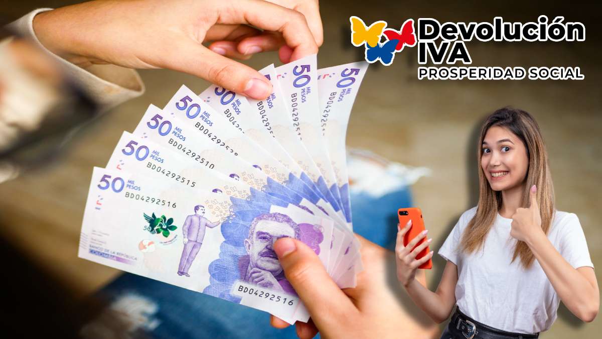Link Oficial Aquí-MP Noticias, imagen de manos con billetes de 50 mil pesos colombianos, logo de devolución del IVA, imagen de chica alegre con celular en la mano