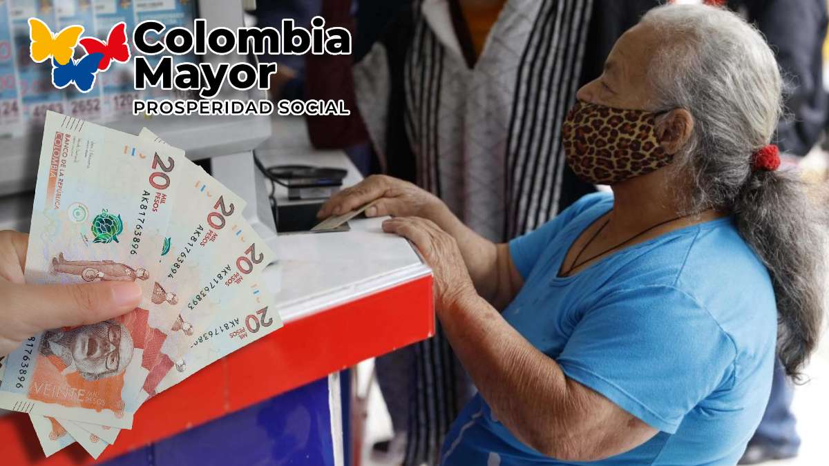 Listado Beneficiarios- MP Noticias, señora mayor verificando pago, logo de Colombia mayor, billetes de 20 mil pesos colombianos