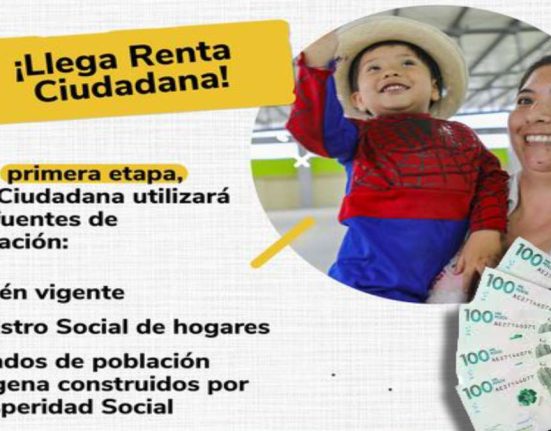 Nueva Focalización-MP Noticias, imagen de una mujer con niño en brazos brazos y leyenda de renta ciudadana, billetes de 100 mil pesos colombianos