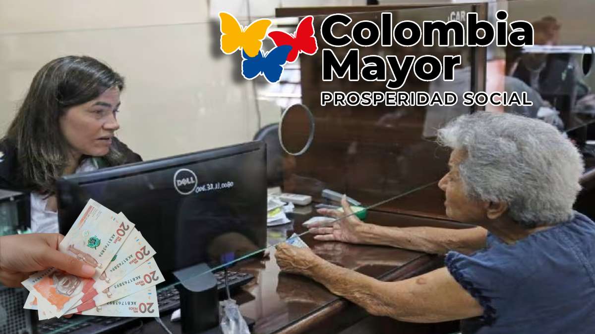 Primer Ciclo de Pago-MP Noticias, imagen de mujer consultando en computador, al otro lado de la ventanilla persona de la tercera edad consultando el pago, logo de Colombia mayor, billetes de 20 mil pesos colombianos