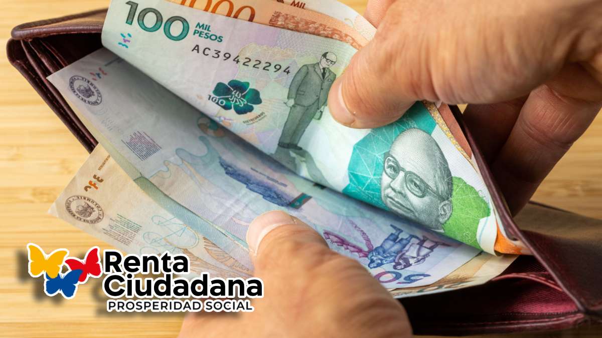 Primer Pago Renta Ciudadana-MP Noticias, imagen de billetera con billetes colombianos de varias denominaciones, logo de renta ciudadana