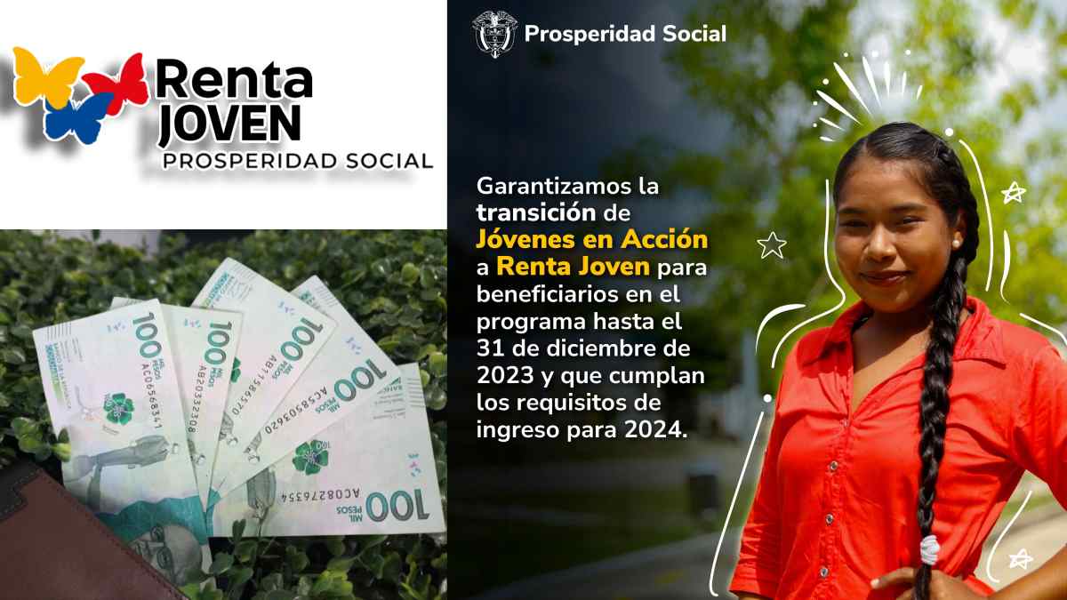 primer pago Renta Joven-MP Noticias, logo renta joven, billetes de 100 mil colombianos, imagen de joven alegre.
