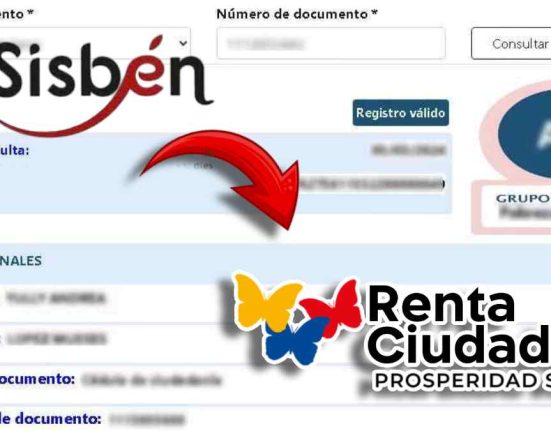 Beneficiario Renta Ciudadana-MP Noticias, imagen de ficha del Sisbén , logo de renta ciudadana , flecha roja