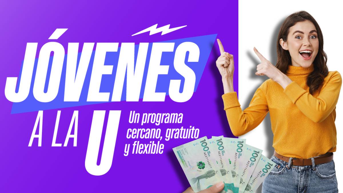 Criterios de focalización-MP Noticias, imagen del programa jovenes a la U, joven alegre señalando la imagen, billetes de 100 mil pesos colombianos