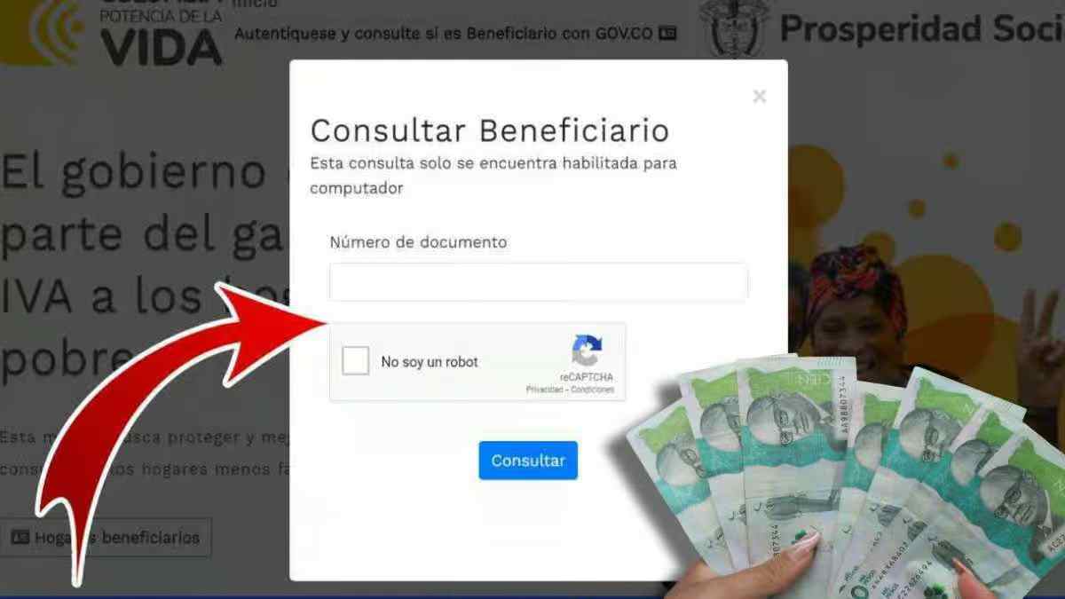 Primer Pago Devolución IVA 2024-MP Noticias, imagen de consulta IVA, billetes de 100 colombianos, flecha roja apuntando