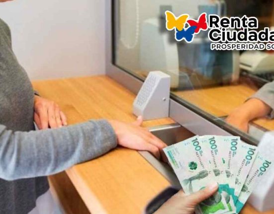 Renta Ciudadana-MP Noticias, imagen de mujer cobrando por ventanilla, billetes de 100 mil pesos colombianos ,logo de renta ciudadana