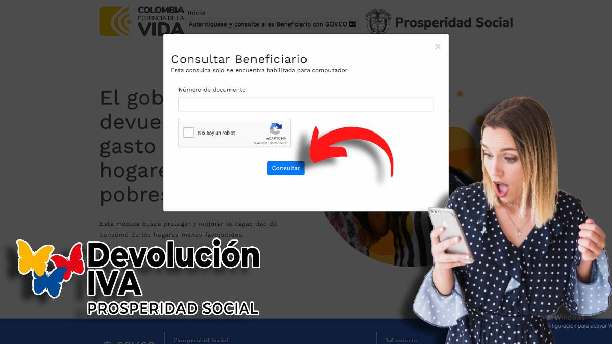 pagos pendientes-MP Noticias, imagen de consulta devolucion IVA, imagen de mujer sorprendida con celular en la mano, flecha roja, logo de devolución del IVA