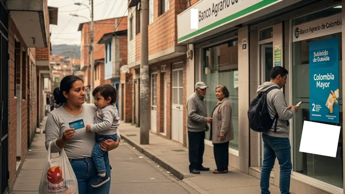 foto de una madre con su hijo en brazos y abuelos de fonde para ir al banco Colombianos recibirán pago de dos subsidios